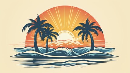 Fototapeta premium two palm trees and the sun with waves in the background.