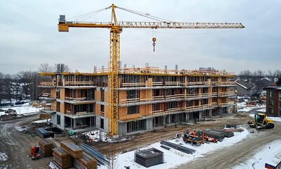 A yellow crane stands tall over a partially constructed apartment building, with snowy ground and construction materials surrounding it.