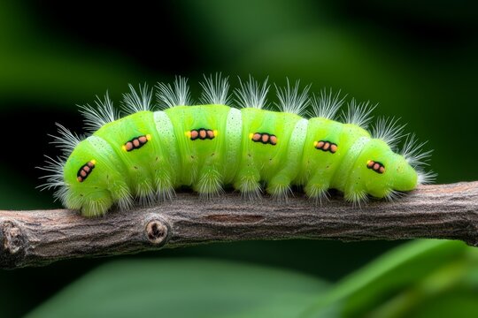 Bright green caterpillar crawling along a branch, with detailed close-up textures of its segmented body