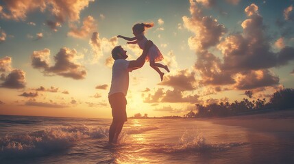 A father lifting his daughter in the air as they play at the beach during sunset