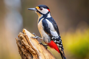 Fototapeta premium Minimalist photography captures a Great Spotted Woodpecker perched on a tree.