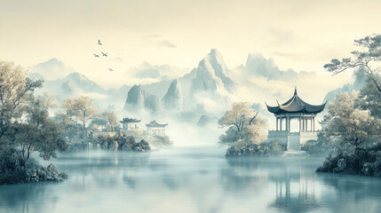 Obraz premium Chinese landscape painting, pavilions, towers, and clouds and mist
