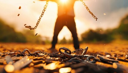 Person breaking chains in sunlight, symbolizing freedom and empowerment.