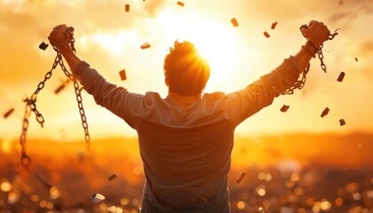 Person breaking free from chains, sunrise background, sense of liberation and hope.