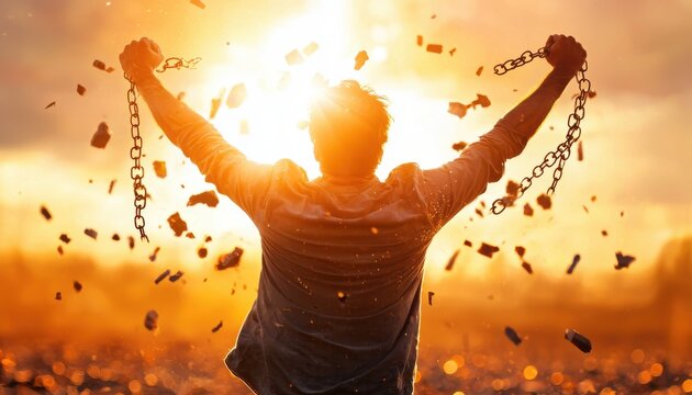 Person breaking chains against a sunset background, symbolizing freedom and liberation.