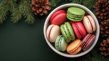 Colorful Macarons in a White Bowl with Pine Branches and Cones, Festive Holiday Treat