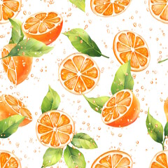 Hand drawn oranges background with juice drops and leaves. Fruit seamless pattern.