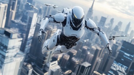 A humanoid robot with a sleek, aerodynamic design, performing a complex aerial maneuver above a futuristic cityscape with soaring skyscrapers and flying vehicles