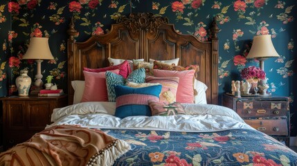 Cozy bedroom with eclectic furniture and bright floral walls, AI generated image
