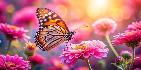 Naklejka premium A vibrant butterfly perched delicately on a pink flower, surrounded by a soft blur of blossoms and sunlit bokeh.