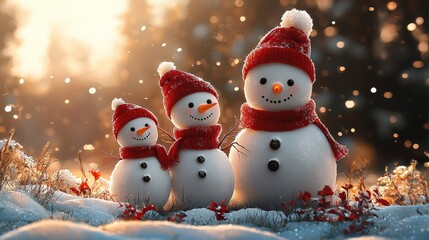 Cute 2D Illustration of a Snowman Family