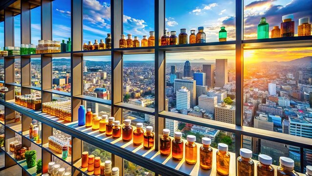 Panoramic Pharmacy: City views frame rows of medicine bottles.