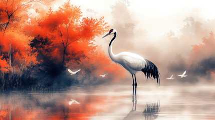 Fototapeta premium The white crane stands in the lake, with red leaves