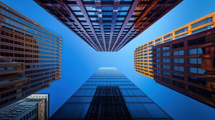 Take a shot looking up at the unique architectural designs of buildings in the financial district.