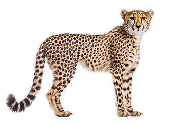 A cheetah standing, isolate on white background, emphasizing its sleek form and speed. PNG