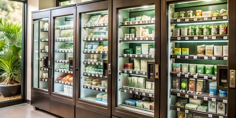 Multiple vending machines lined up, each offering a variety of food items for quick and easy access.