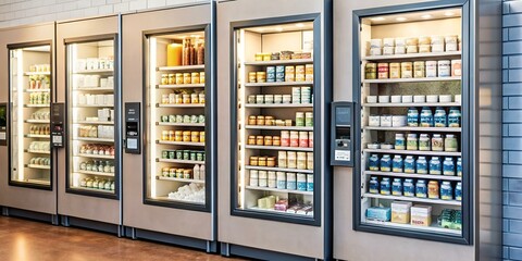 Obraz premium A row of vending machines displaying various food options, showcasing a diverse selection for convenient snacking.