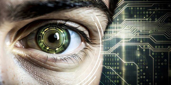 The eye of a woman observing a digital screen, symbolizing engagement with technology and digital content.