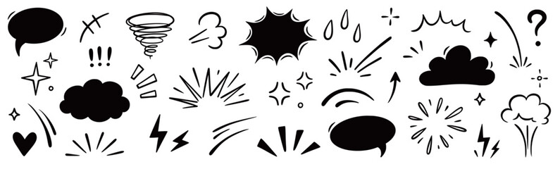 Comic cartoon effect smoke, boom element set. Comic speech bubble, boom burst, explosive smoke, line speed cartoon vector icon. Hand drawn sketch doodle speed element, splash. Vector illustration