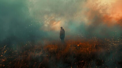 Lonely Figure in a Foggy Field - Surreal Landscape Painting