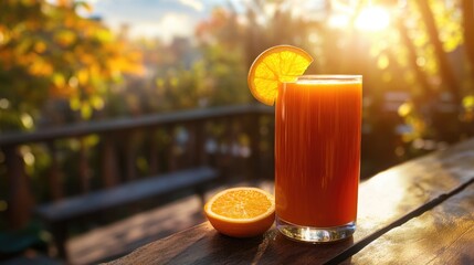 Refreshing Orange Juice with Slice on Summer Table