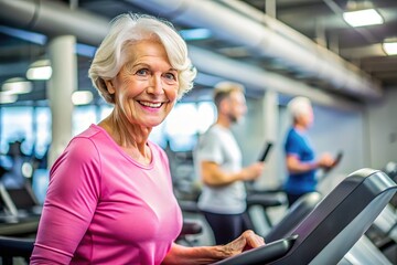 Obraz premium Senior lady finds strength and fitness on the gym treadmill.