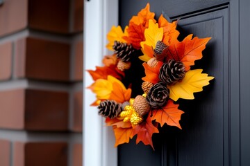 Handmade autumn wreath, decorated with real leaves, acorns, and pinecones, placed on a rustic wooden door