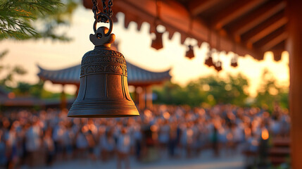 school bell rings under a bright blue sky, symbolizing the start of a new school year. The clear sky represents fresh opportunities and new beginnings, while the bell calls students to learn and grow