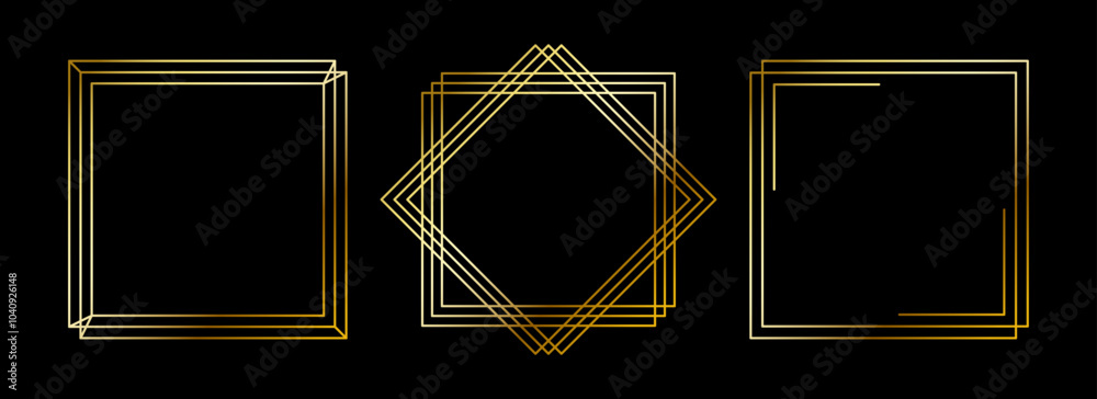 Poster Gold thin frames set. Golden square borders in art deco style. Thin linear radiance rectangular element collection. Luxury shiny glowing boarder pack. Vector bundle for photo, cadre, poster, card, tag