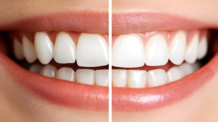 Visual comparison of teeth whitening results, with before-and-after images of a patient's smile, showing the improvement in tooth shade, Clean and Minimalistic, Realistic