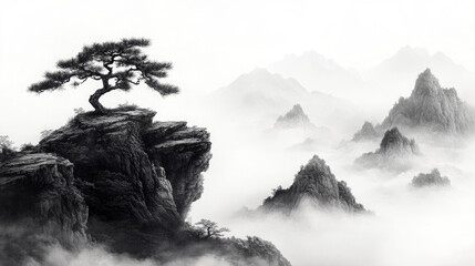 Rocks and pine trees, black and white illustration, Chinese painting