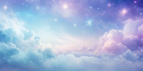 Celestial Dreamscape An ethereal canvas of cottony clouds and twinkling stars, bathed in a soft, pastel light.