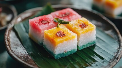 Colorful Khanom Chan Dessert Slices on Plate
