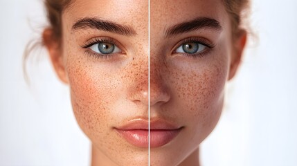 Gradual fade of melasma spots in a time-lapse video, showcasing step-by-step skin lightening and clarity after treatments, with clear before-and-after visuals, Photorealistic, Soft Focus