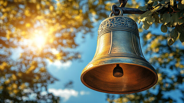 school bell rings under a bright blue sky, symbolizing the start of a new school year. The clear sky represents fresh opportunities and new beginnings, while the bell calls students to learn and grow