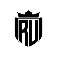 RU Logo with shield shape inside shield badge crown on white background template design