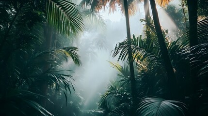 Obraz premium Captivating Misty Rainforest Landscape with Towering Trees and Lush Exotic Foliage Enchanting and Serene Natural Environment Perfect for Connecting with Nature