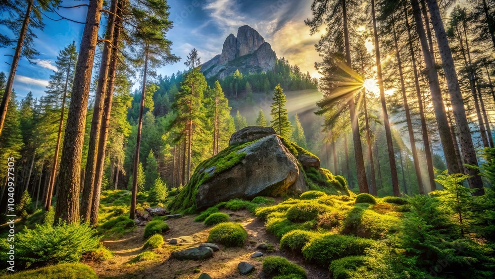 Poster Sunlight Piercing Through a Forest Canopy, Illuminating a Mossy Boulder and a Distant Mountain Peak