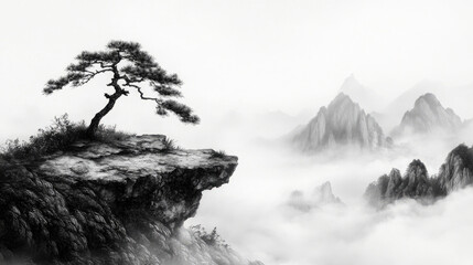Rocks and pine trees, black and white illustration, Chinese painting © fanjianhua