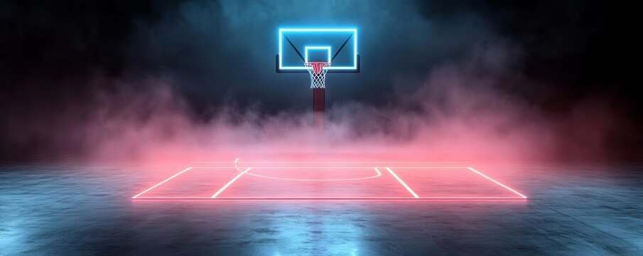 Neon-glow basketball court under intense lighting, fog creating a mystical atmosphere, blending sports and sci-fi elements for a dynamic visual