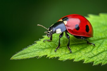 Fototapeta premium Ladybug crawling on a green leaf, with its bright red shell standing out against the foliage