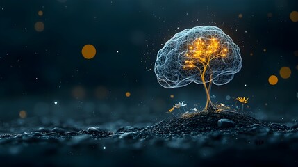Abstract digital artwork depicting a glowing mesh like tree growing out of a brain symbolizing the connection between creativity innovation and the power of the mind