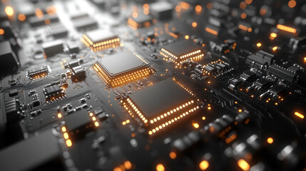 Obraz premium image showcases intricate metallic circuitry elements with glowing lights, creating futuristic and technological atmosphere