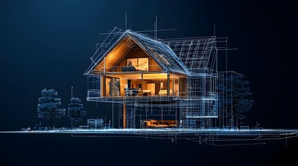 Abstract glowing mesh line blueprint of a futuristic modern house with neon outlines of rooms and furniture  Digital of a high tech home design or architectural blueprint