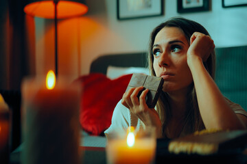 Sad Depressed Girl Eating Chocolate after a Break-up. Unhappy person having an emotional eating problem at home
