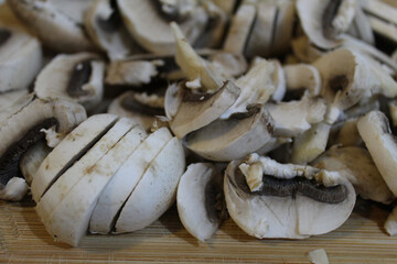 Detail of mushroom on the wooden board.