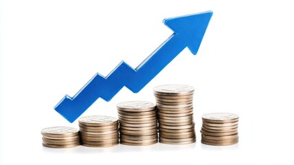 Real estate investment with A Blue house model surrounded by stacks of coins on a table, symbolizing real estate investment and financial growth,Concept for property ladder,Saving money.