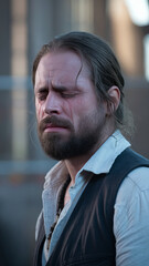 Naklejka premium cinematic medium shot of man with beard, expressing deep emotion with tears streaming down his face. scene captures moment of vulnerability and intensity