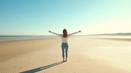 happy woman enjoying freedom with open hands on sea. 