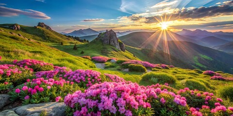 Sunbeams illuminate a majestic mountain range, casting a golden glow on lush green slopes and vibrant pink blossoms.